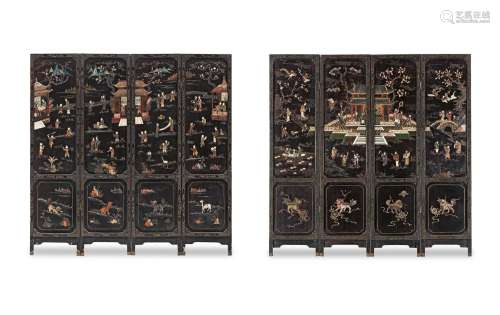 TWO BLACK LACQUER INLAID FOUR-LEAF SCREENS Late Qing Dynasty
