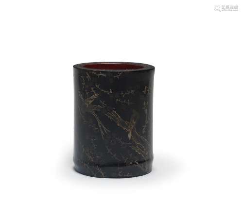 A GILT-DECORATED BLACK LACQUER BAMBOO BRUSHPOT, BITONG 17th/...