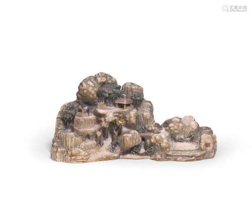 A SOAPSTONE CARVING OF A MOUNTAIN LANDSCAPE  Signed Wang Zhu