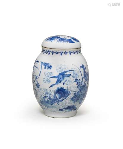 A RARE BLUE AND WHITE 'DESCENDING GEESE' OVOID JAR A...