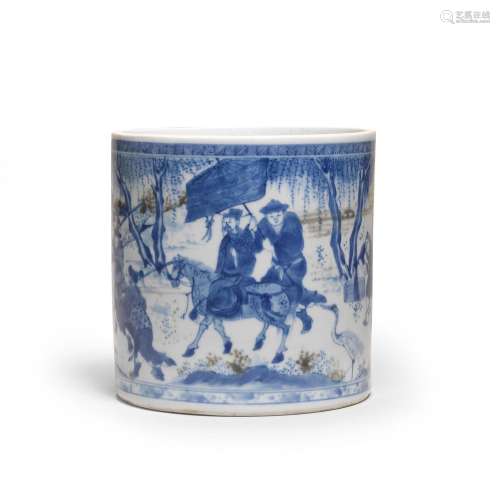 A VERY RARE BLUE AND WHITE AND COPPER-RED BRUSHPOT, BITONG E...