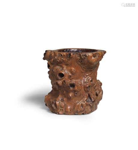 A RARE INSCRIBED CYPRESS WOOD BRUSHPOT, BITONG  Xuantong sea...