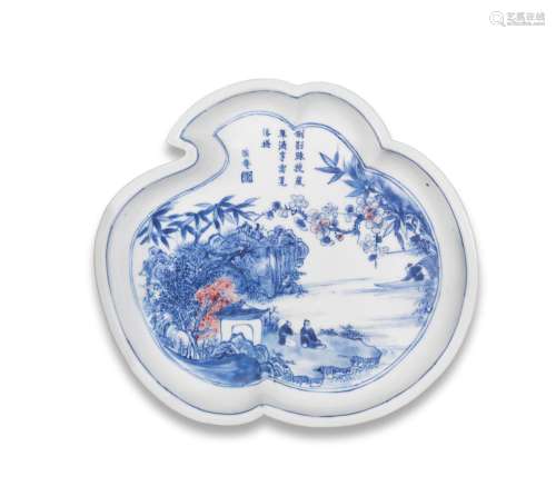 A RARE BLUE AND WHITE AND COPPER-RED PEACH-SHAPED DISH  Kang...