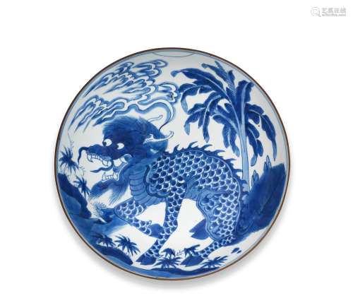 A RARE AND LARGE BLUE AND WHITE 'QILIN' DISH  Shunzh...