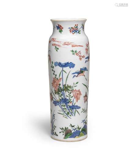 A RARE WUCAI 'LOTUS POND' ROULEAU VASE  Circa 1640