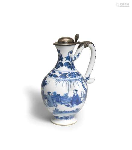 A BLUE AND WHITE PEAR-SHAPED EWER WITH DUTCH SILVER MOUNTS  ...