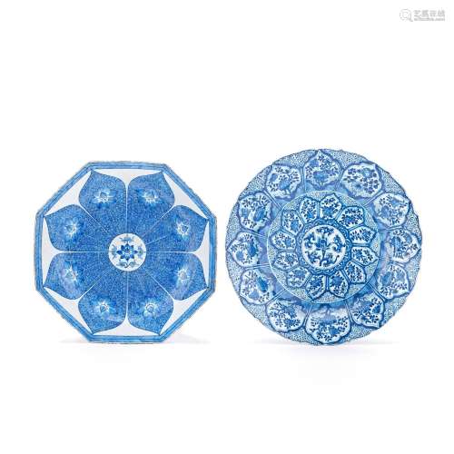 TWO BLUE AND WHITE FLORAL DISHES Kangxi