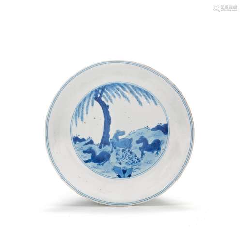 A BLUE AND WHITE 'EIGHT HORSES OF MUWANG' DISH Kangx...