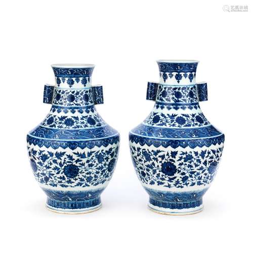 A PAIR OF LARGE BLUE AND WHITE 'LOTUS' VASES, HU Qia...