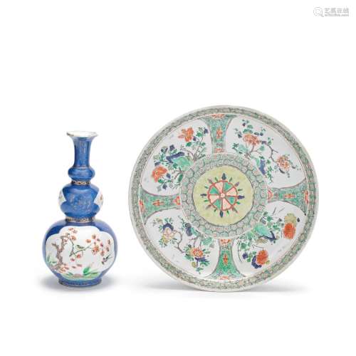 A FAMILLE VERTE DISH AND A POWDER BLUE GROUND TRIPLE-GOURD V...