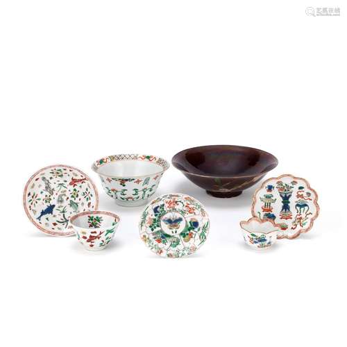 A GROUP OF SIX FAMILLE VERTE WARES AND A BROWN-GLAZED BOWL K...