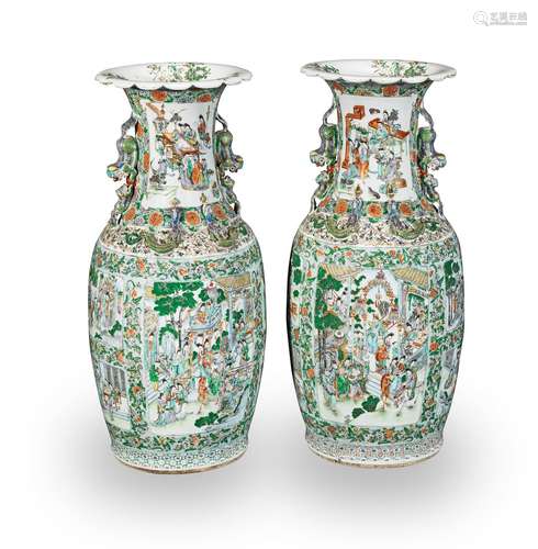 A PAIR OF LARGE CANTON FAMILLE VERTE VASES 19th century