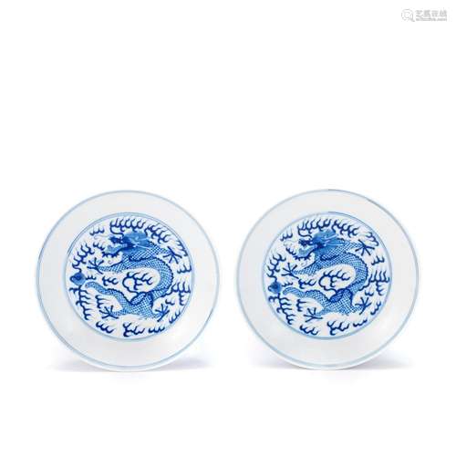 A PAIR OF BLUE AND WHITE DRAGON DISHES Guangxu six-character...