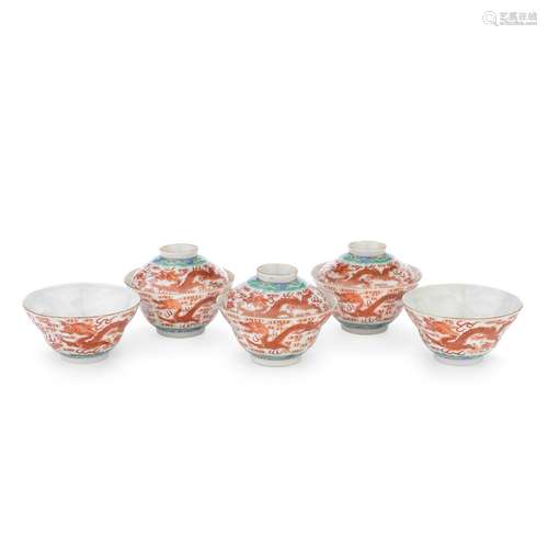 A GROUP OF FIVE IRON RED AND POLYCHROME ENAMELLED 'DRAGO...