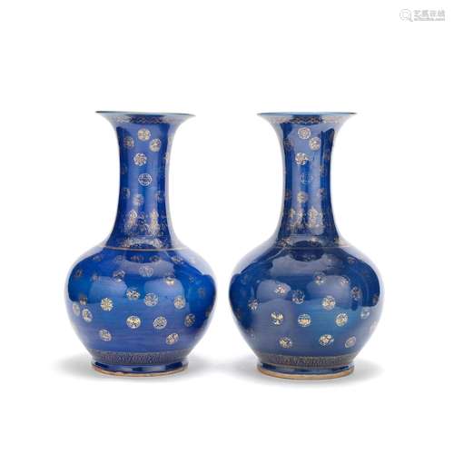 A PAIR OF GILT-DECORATED POWDER BLUE VASES Xuande four-chara...