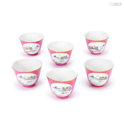 SIX PINK-GROUND SGRAFFIATO FAMILLE ROSE CUPS Qianlong iron-r...