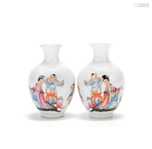 A PAIR OF FAMILLE ROSE VASES Hongxian four-character marks, ...