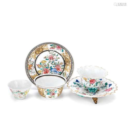 A GROUP OF FIVE FAMILLE ROSE CUPS AND SAUCERS Yongzheng