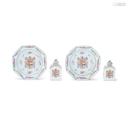 TWO FAMILLE ROSE ARMORIAL TEA CADDIES AND COVERS AND TWO DIS...