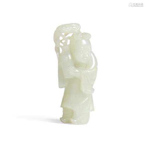 A PALE GREEN JADE FIGURE OF A BOY HOLDING A VASE 18th/19th c...