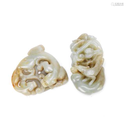 TWO PALE GREEN AND RUSSET JADE CARVINGS Ming or later