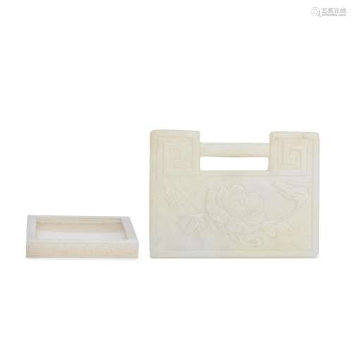 A WHITE JADE LOCK-FORM PLAQUE AND A WHITE JADE CARVED SQUARE...