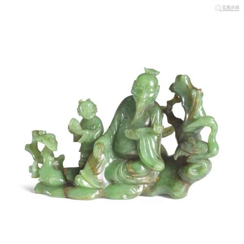 A SPINACH GREEN JADE FIGURAL GROUP 19th century