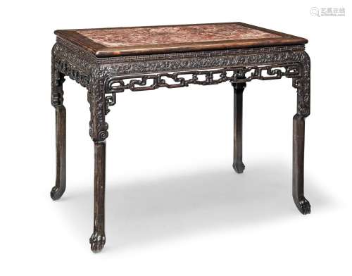 AN UNUSUAL BRASS-INLAID HONGMU MARBLE TOPPED TABLE 19th cent...