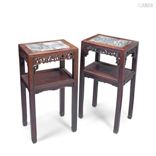 A PAIR OF HONGMU MARBLE-TOP TIERED STANDS Late Qing Dynasty