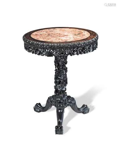 A CARVED HONGMU MARBLE INSET CIRCULAR TABLE 19th century