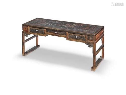 A LACQUER PAINTED AND CARVED HARDWOOD LOW TABLE WITH DRAWERS...