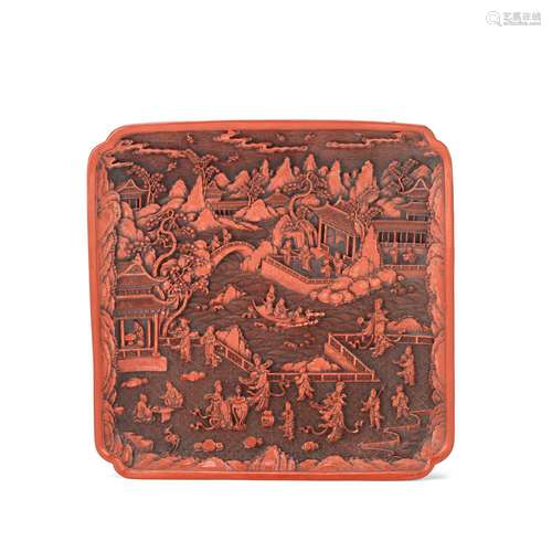 A CINNABAR LACQUER SQUARE DISH WITH PAVILION SCENE  Qianlong...