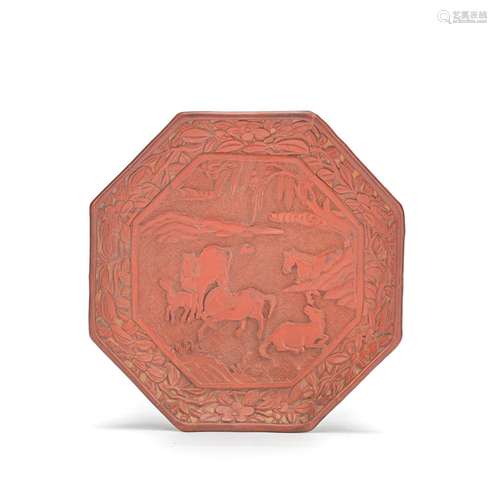 A CINNABAR LACQUER TWO-COLOUR OCTAGONAL 'HORSES' DIS...