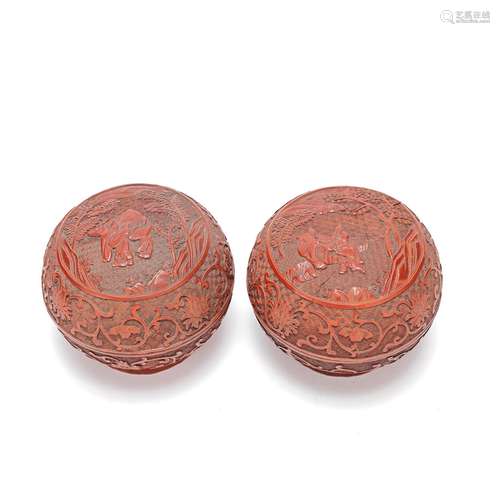 A PAIR OF CINNABAR LACQUER CIRCULAR BOXES AND COVER 19th cen...