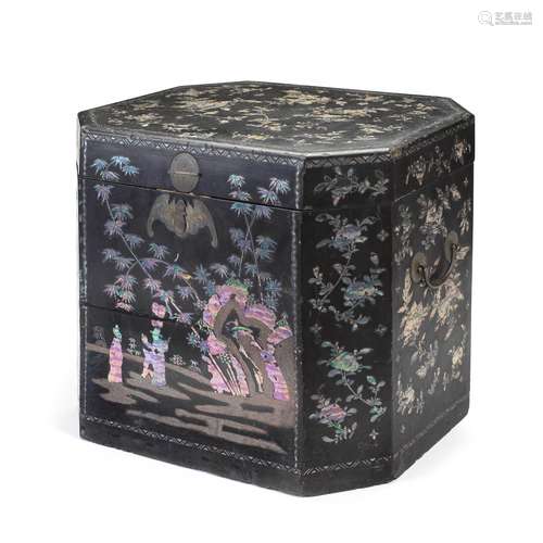 A MOTHER-OF-PEARL INLAID BLACK LACQUERED CHEST 17th/18th cen...