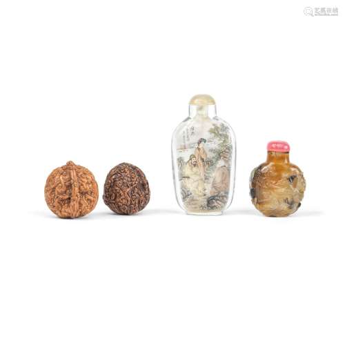 A PAIR OF CARVED 'WALNUTS' AND TWO SNUFF BOTTLES 19t...