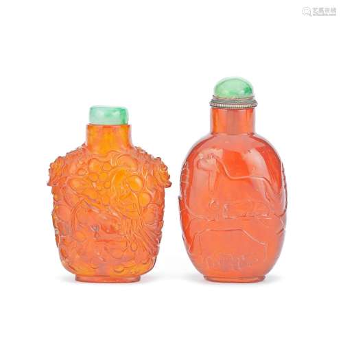 TWO CARVED AMBER SNUFF BOTTLES 19th century