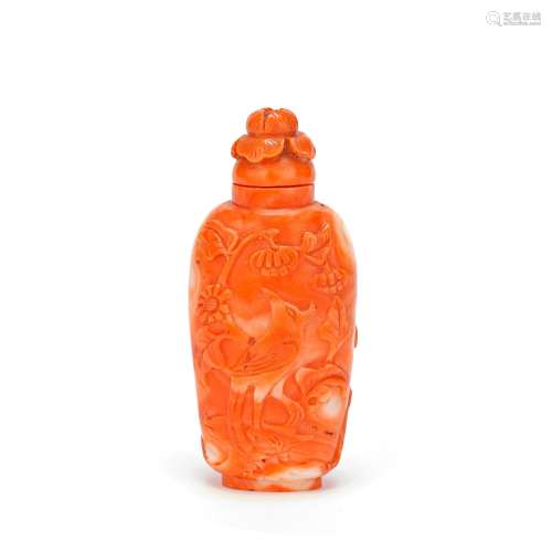 A CARVED CORAL'BIRDS AND FLOWERS' SNUFF BOTTLE AND STOPPER