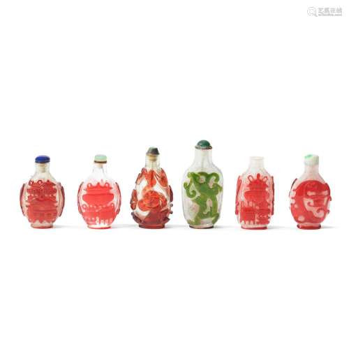 SIX VARIOUS RED AND GREEN OVERLAY GLASS SNUFF BOTTLES Late Q...