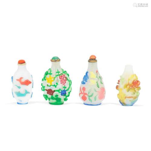 FOUR VARIOUS OVERLAY GLASS SNUFF BOTTLES 19th century