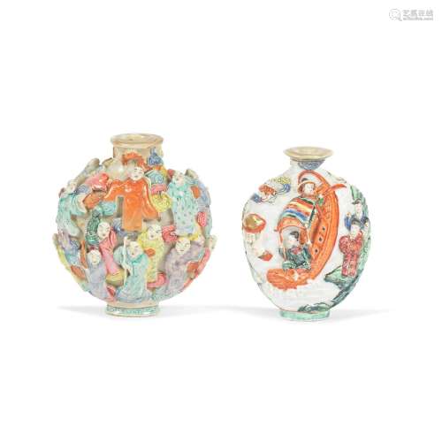 TWO FAMILLE ROSE MOULDED PORCELAIN SNUFF BOTTLES 18th/19th a...