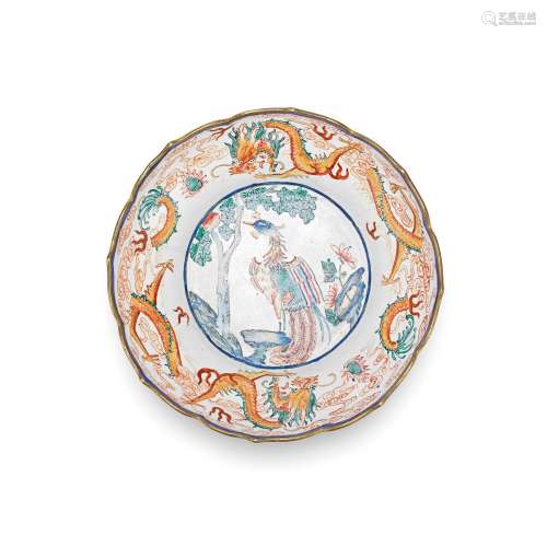 A PAINTED ENAMEL FLOWER-FORM 'DRAGON AND PHOENIX' DI...
