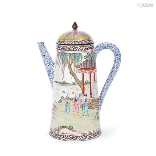 A PAINTED ENAMEL COFFEE POT AND COVER 18th century