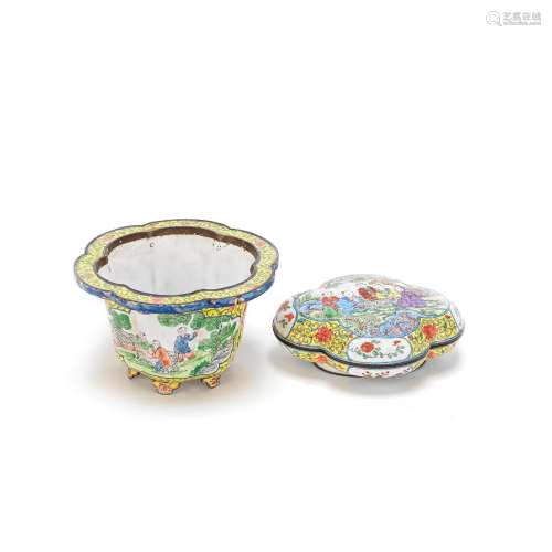 A PAINTED ENAMEL LOBED BOX AND COVER AND A LOBED BOWL Qianlo...
