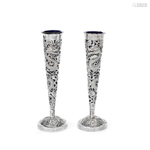 A PAIR OF CHINESE EXPORT SILVER RETICULATED FLOWER VASES Cir...