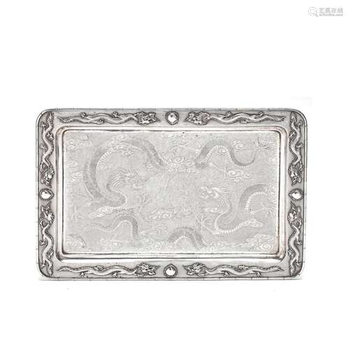 A LARGE CHINESE EXPORT SILVER 'DRAGON' TRAY Circa 19...