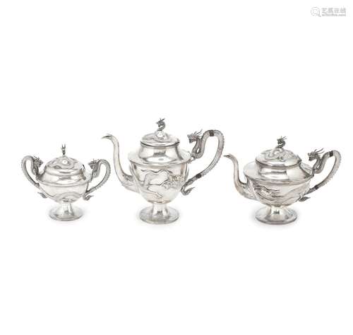 AN EXPORT THREE-PIECE SILVER TEA SERVICE Mark of MH, Canton,...