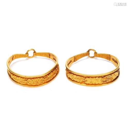 A PAIR OF REPOUSS&#201; GOLD FLORAL BRACELETS Possibly L...