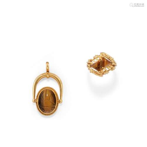 18k yellow gold and Tiger’s eye ring and pendant