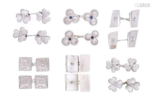 Six pairs of 18k white gold and gem-set cufflinks